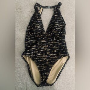 Women’s Kenneth Cole One-Piece crotchet black/nude swimsuit.